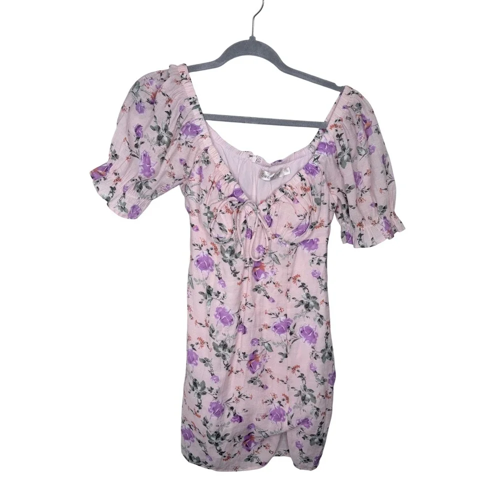 Romantic Pink Floral Puff Sleeve Mini Dress Sweetheart Bustier Tie Front Size 10 - Picture 2 of 4